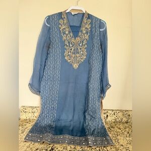 Embroidered Blue Chiffon Tunic with Gold Accents